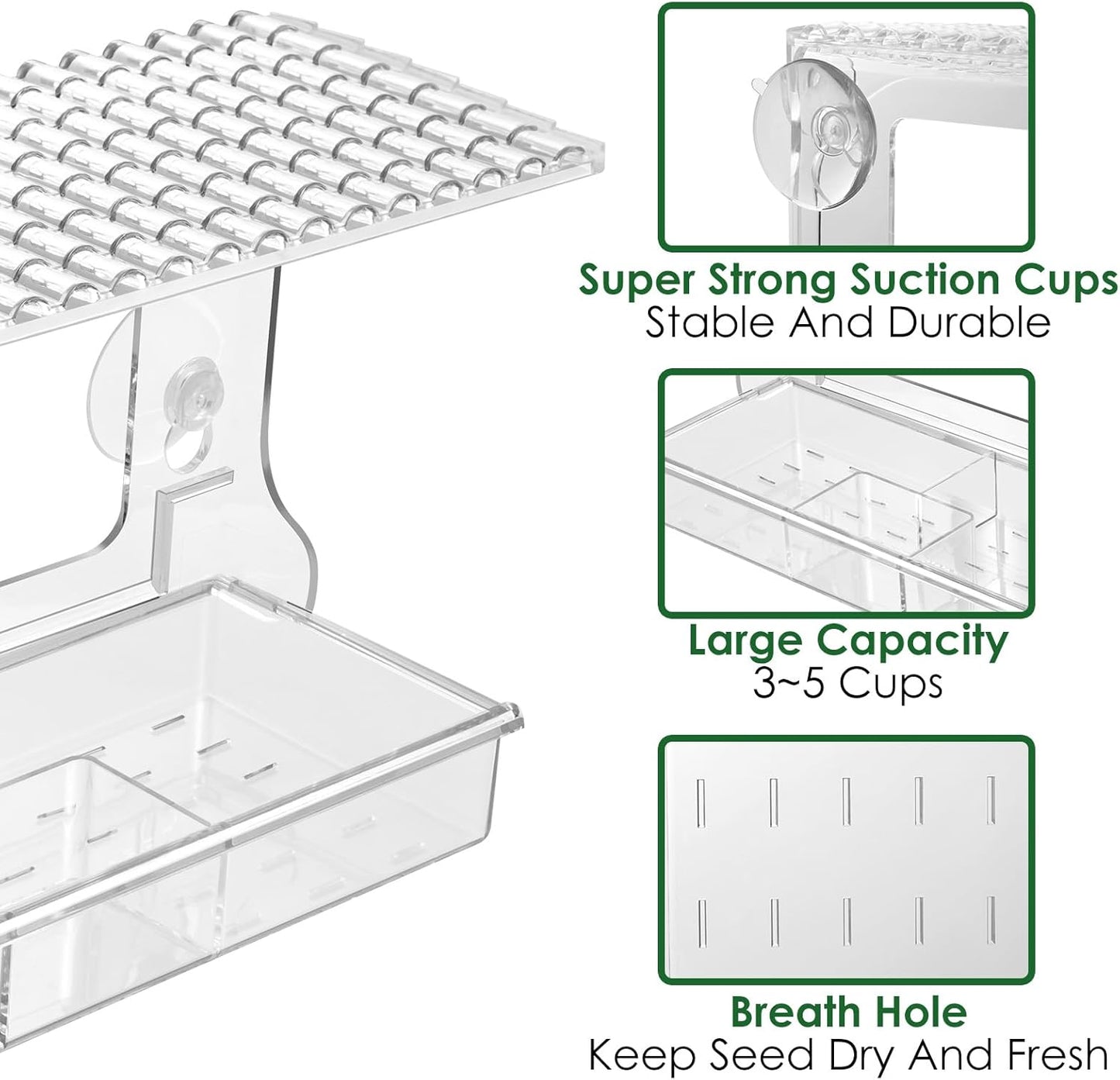 Clear Window Bird Feeders with Strong Suction Cups for Outdoors, Large Capacity Window Feeder, Detachable Tray Easy to Clean and Refill, for Parents Kids and Bird Lovers