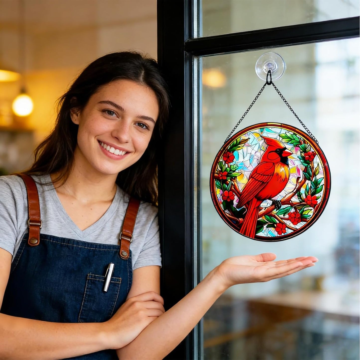 7.87" Cardinal on Branch Stained Glass Window Hanging,Red Bird Memorial Suncatcher,Bird Ornaments，Cardinal Gifts for Women Mom Grandma