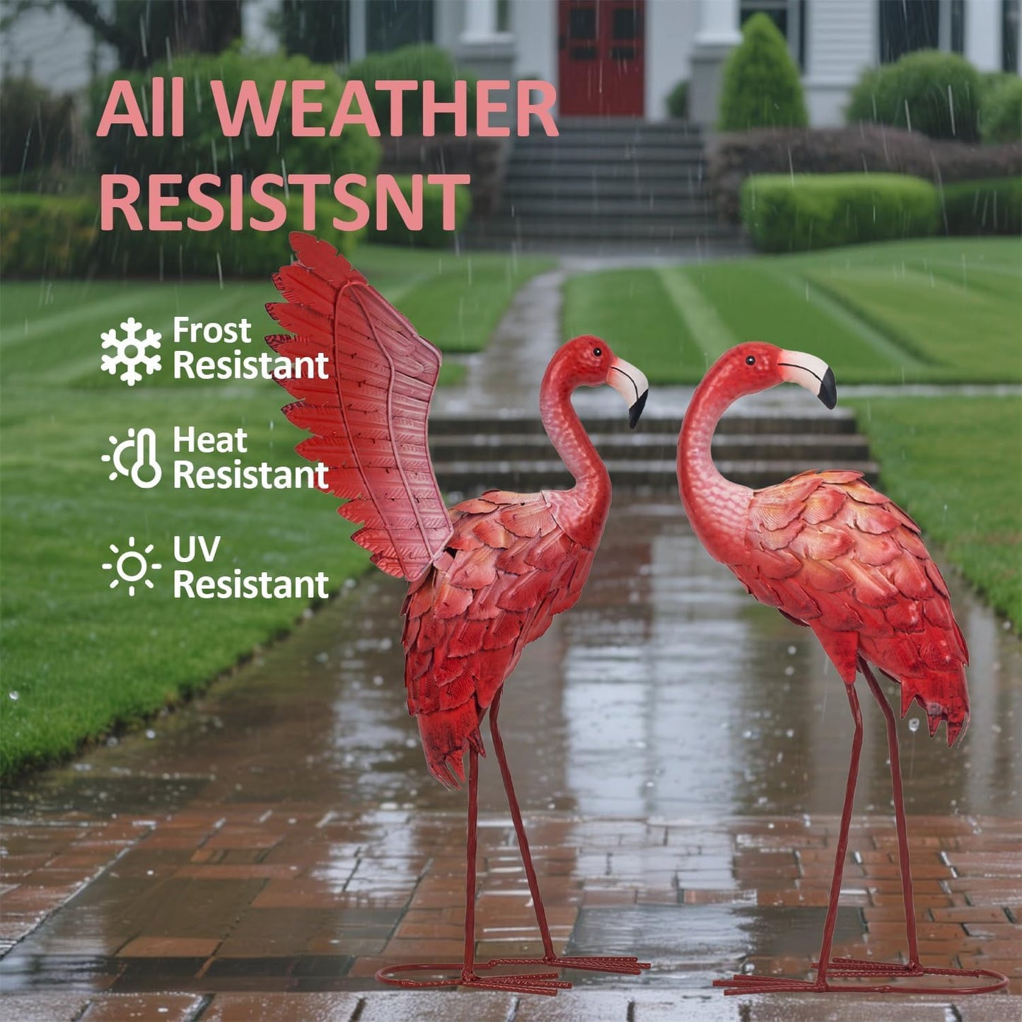 Natelf Flamingos Garden Statues Small Outdoor Decor, Set of 2 Metal Yard Art with Spread & Folded Wings, Weather-Resistant Pink Flamingo Lawn Sculpture for Patio, Backyard - Gift for Women, Mom