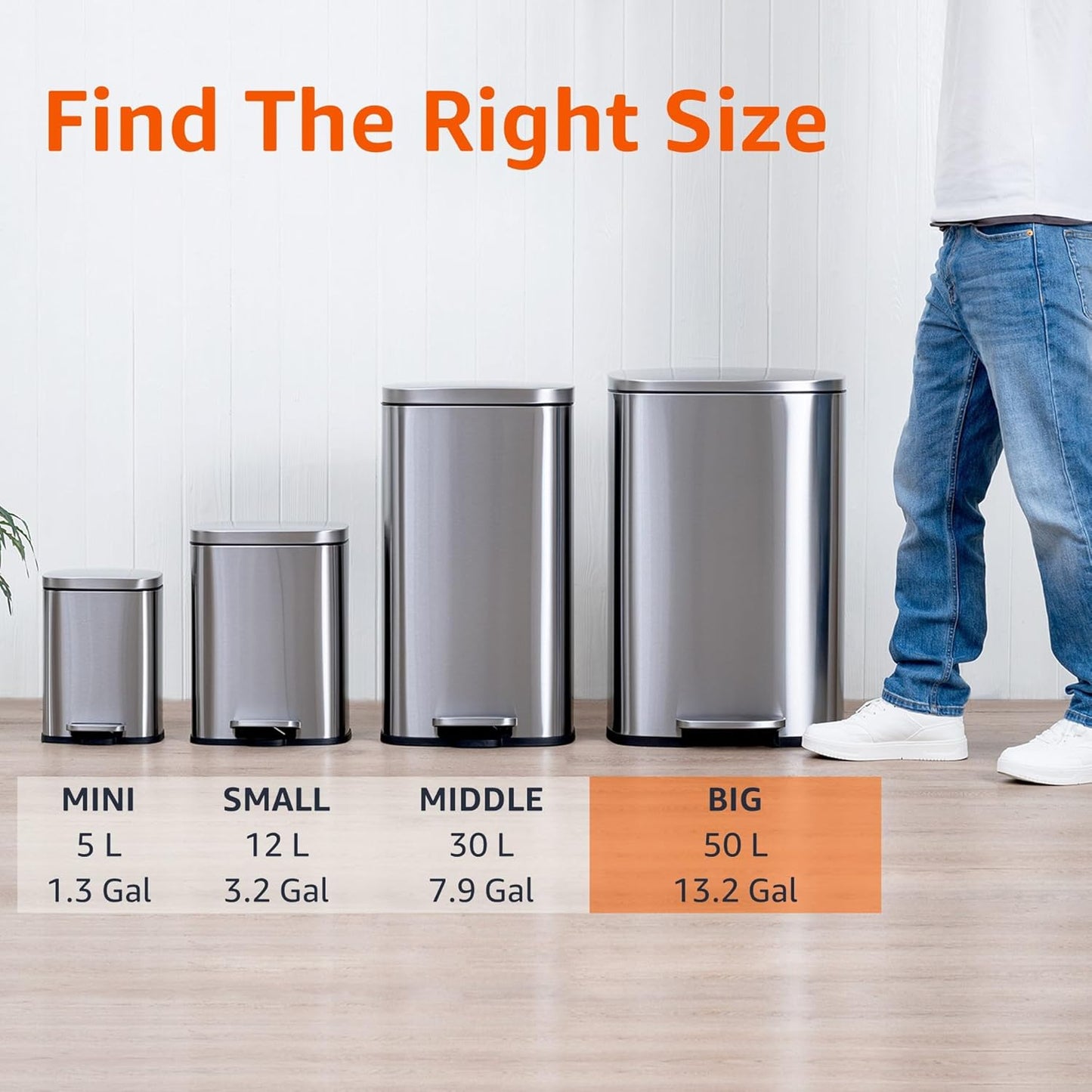 Amazon Basics Smudge Resistant Rectangular Trash Can with Soft-Close Lid, Foot Pedal, Removable Inner Bucket, 50 Liter/13.2 Gallon, Brushed Stainless Steel, Satin Nickel Finish
