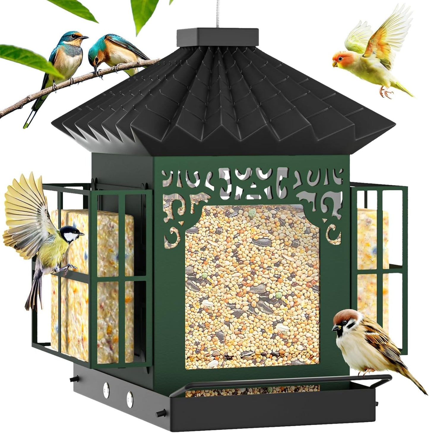 Bird Feeders for Outdoors Hanging, Metal Bird Feeder with Double Suet 