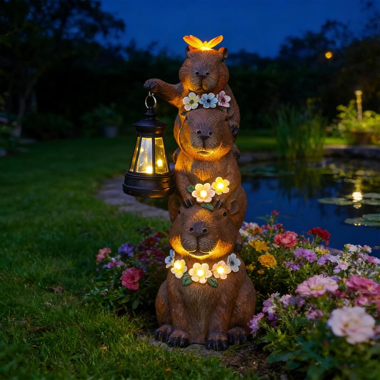 Duck Garden Statue with Solar Lantern, Cute Duck Figurine Waterproof Garden Decor for Outdoor, Porch Goose Statue Outside Duck Light for Yard Art Lawn Pond, Perfect Duck Gifts for Women (Capybara)