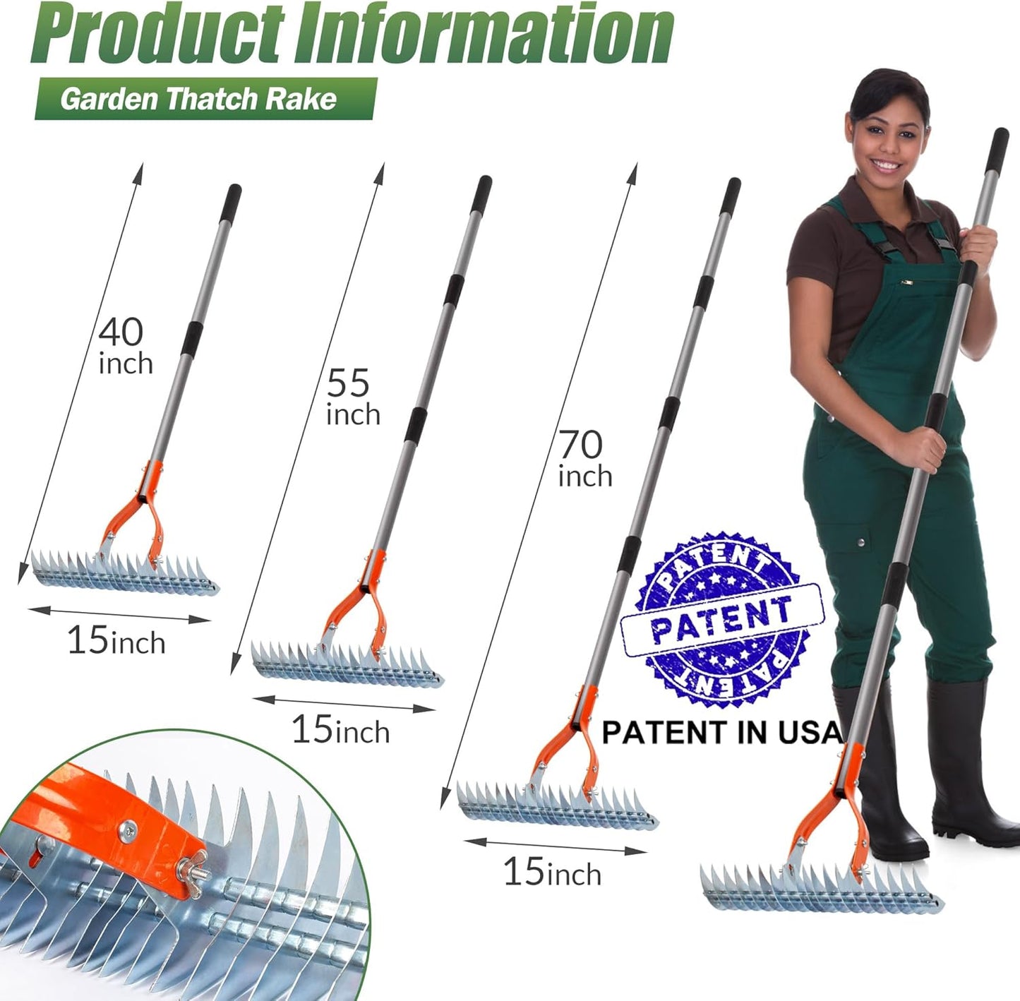 Walensee Thatch Rake, 15-Inch Lawn Thatching Rake, Robust Dethatcher R