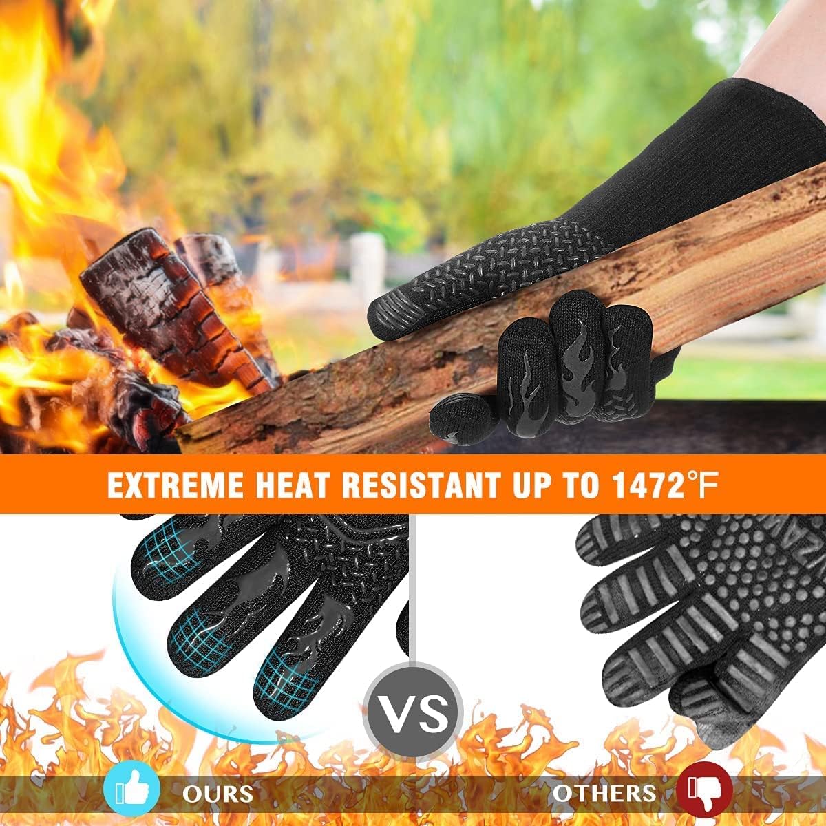 HAMITOR BBQ Grill Gloves : 1472℉ High Temp Resistance Fireproof Glove 