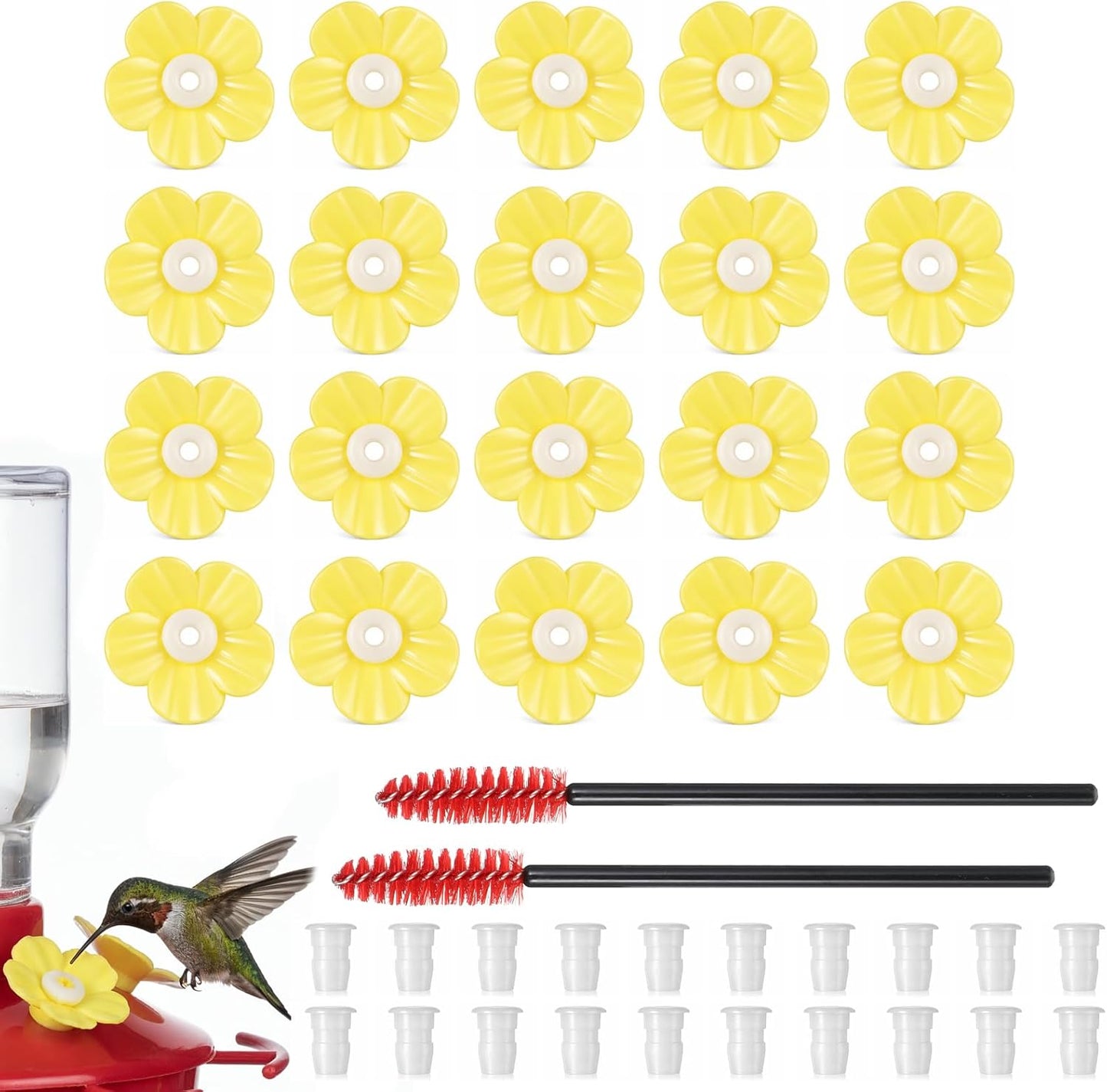 20Pcs Hummingbird Feeders Replacement Flowers with 2 Cleaning Brushes, Pet Hummingbird Feeder Parts Feeding Ports Bird Feeder Replacement Parts Accessories for Outdoor Hanging Feeders(Yellow)