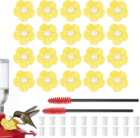 20Pcs Hummingbird Feeders Replacement Flowers with 2 Cleaning Brushes, Pet Hummingbird Feeder Parts Feeding Ports Bird Feeder Replacement Parts Accessories for Outdoor Hanging Feeders(Yellow)