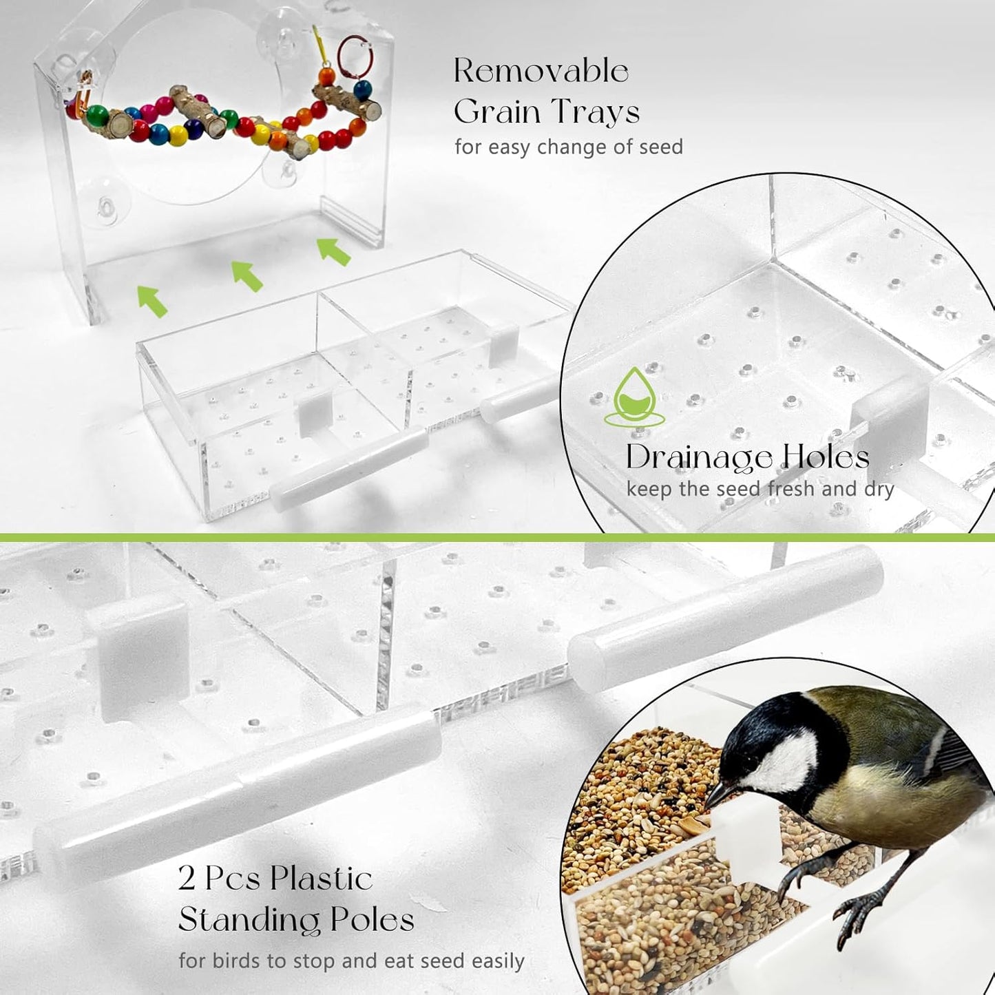 SNAIL GARDEN 9" Large Windows Bird Feeder with Peppered Wood Swing,2PCS Standing Stakes,4PCS Suction Cups,Acrylic Bird Feeder on Window with Removable Seed Tray(9×8.6×3.9in)