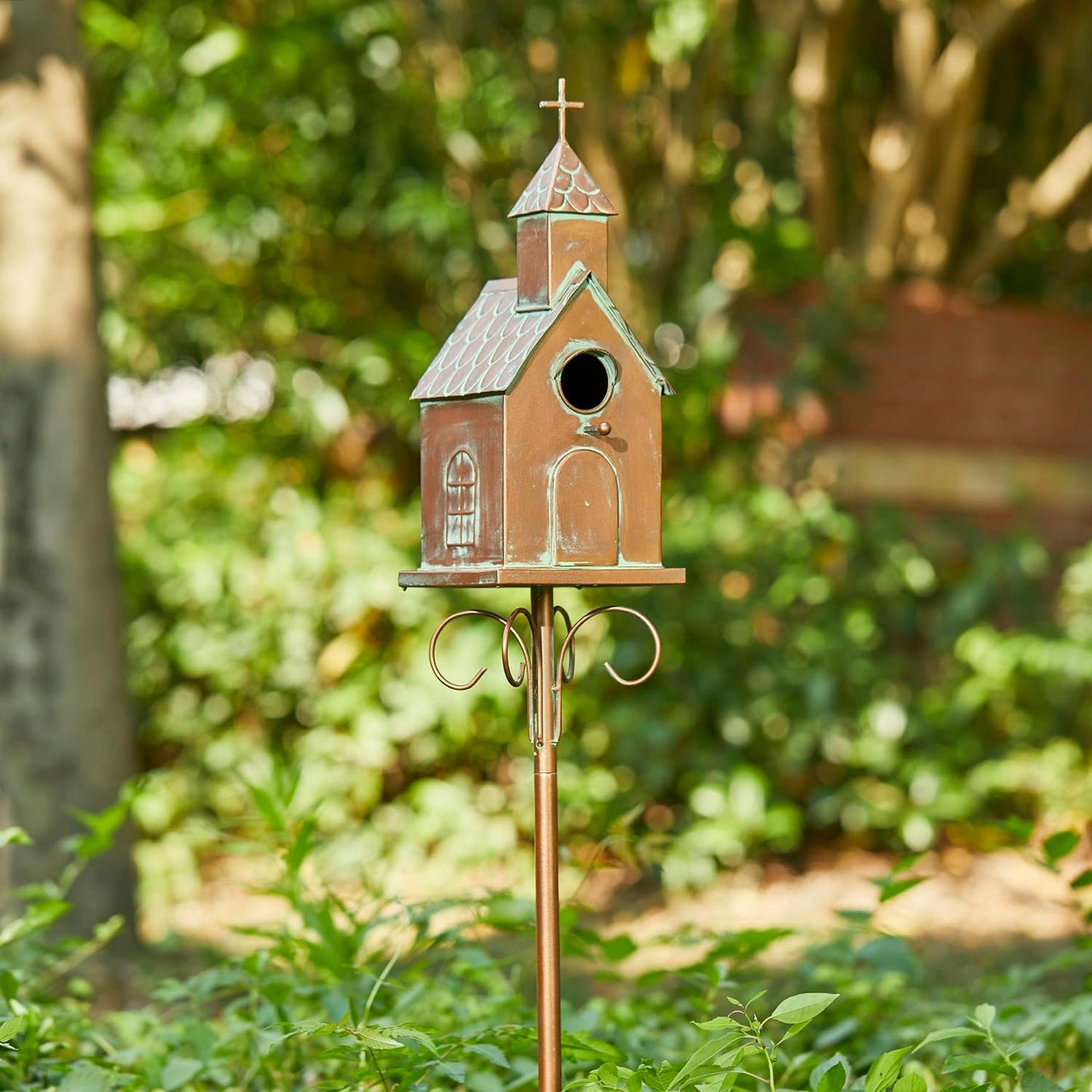 Glitzhome Bird House for Outdoors, 53.00" H Farmhouse Faux Copper Distressed Metal Bird House Church Birdhouse Decorative Garden Birdhouse with Stake