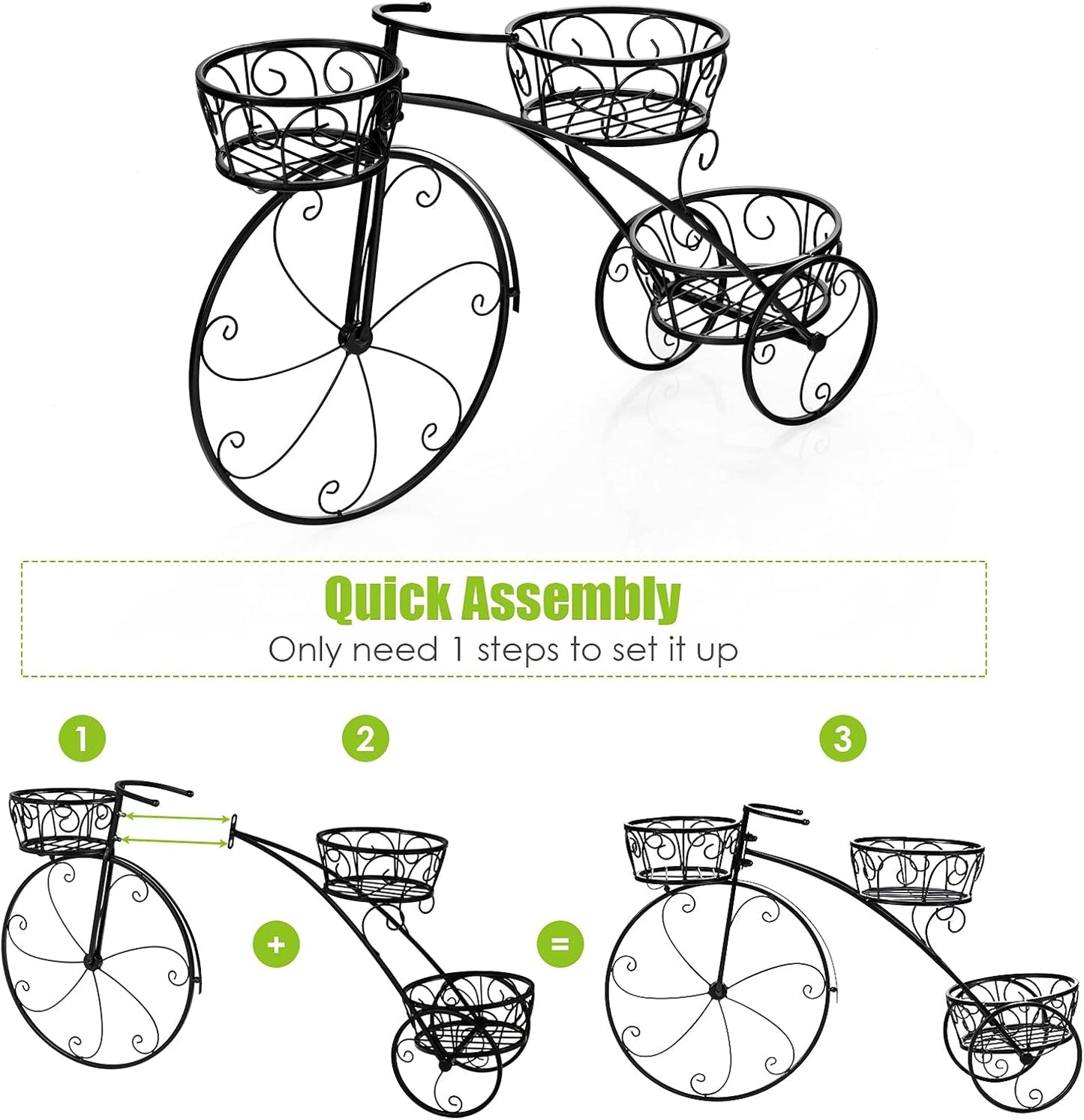 Bicycle Planter, Flower Pot Stand with 3 Decorative Wheels, 3 Collection Baskets, Metal Steel Frame, Tricycle Plant Stand for Outdoor, Indoor, Home, Balcony, Patio, Garden, Backyard