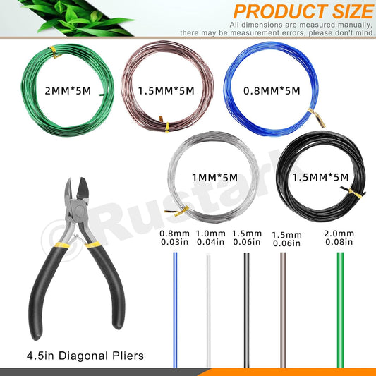 6Pcs 5 Colors Bonsai Training Wire with Wire Cutter Kit, Anodized Aluminum Bonsai Wire Tools for Holding Bonsai Plant Branches Small Trunks - 82 Feet 0.8MM 1.0MM 1.5MM 2.0MM 3.0MM