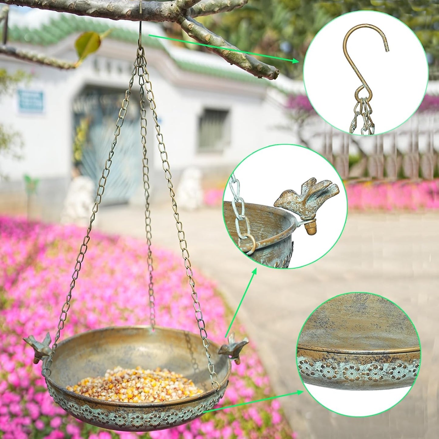 Hanging Bird Bath, Metal BirdBaths for Outdoors, Birdbath Hanging for Outside Bird Feeder Seed Tray Garden Yard Decor