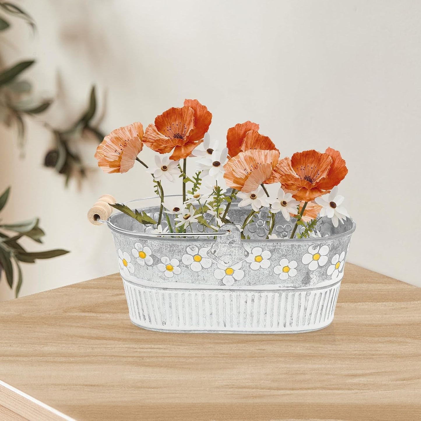 Milisten 2pcs Retro Embossed Daisy Iron Flower Buckets Oval Vintage Pl