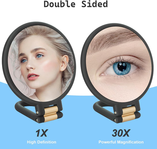 30x Magnifying Mirror, Travel Hand Mirrors with Handle - Double Side Handheld Mirror with 1X 30X Magnification & Adjustable Handle/Stand, Hand Held Foldable Travel Mirror for Makeup(Black)