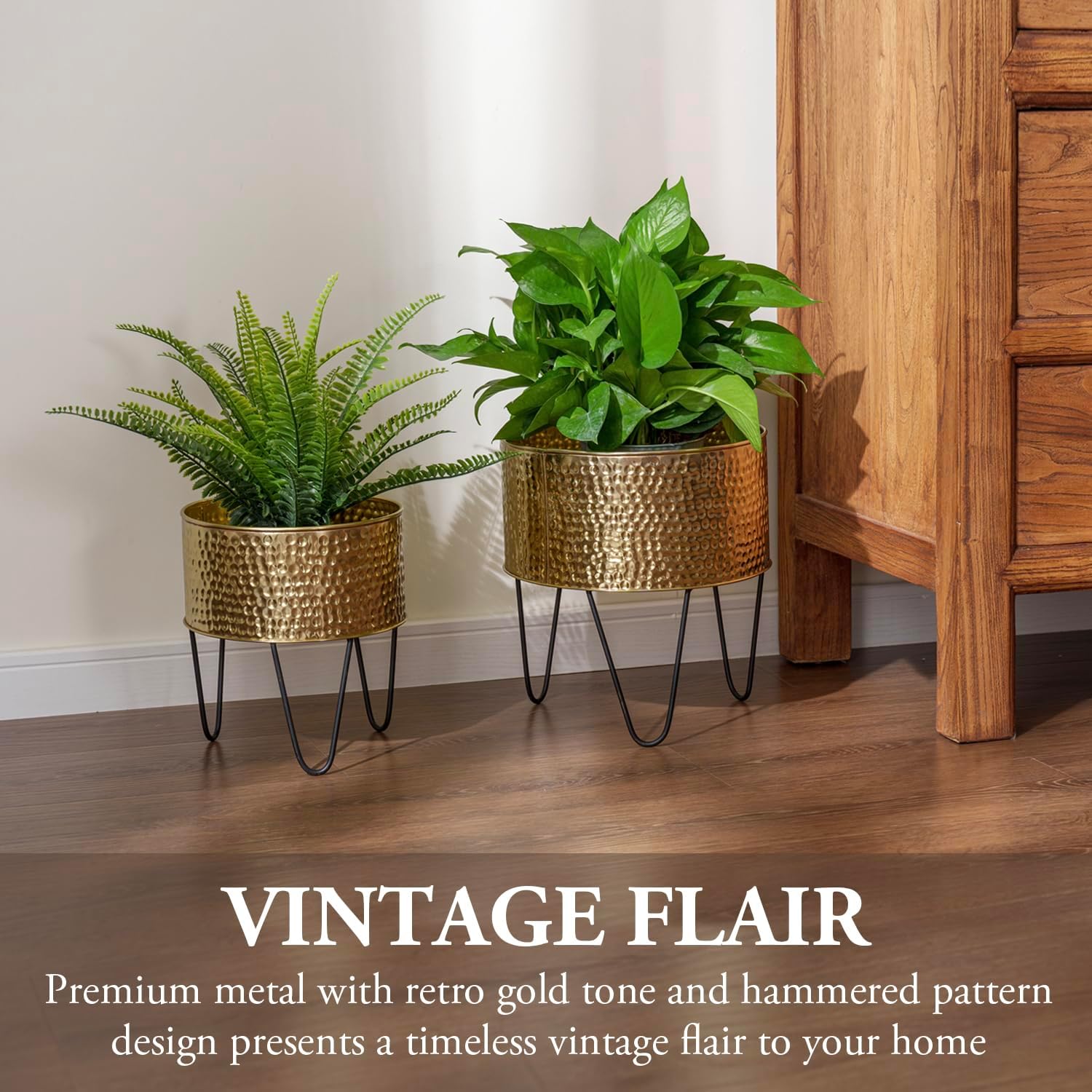 MyGift Modern Brass Tone Metal Planter Pots with Pebbled Texture, Hamm
