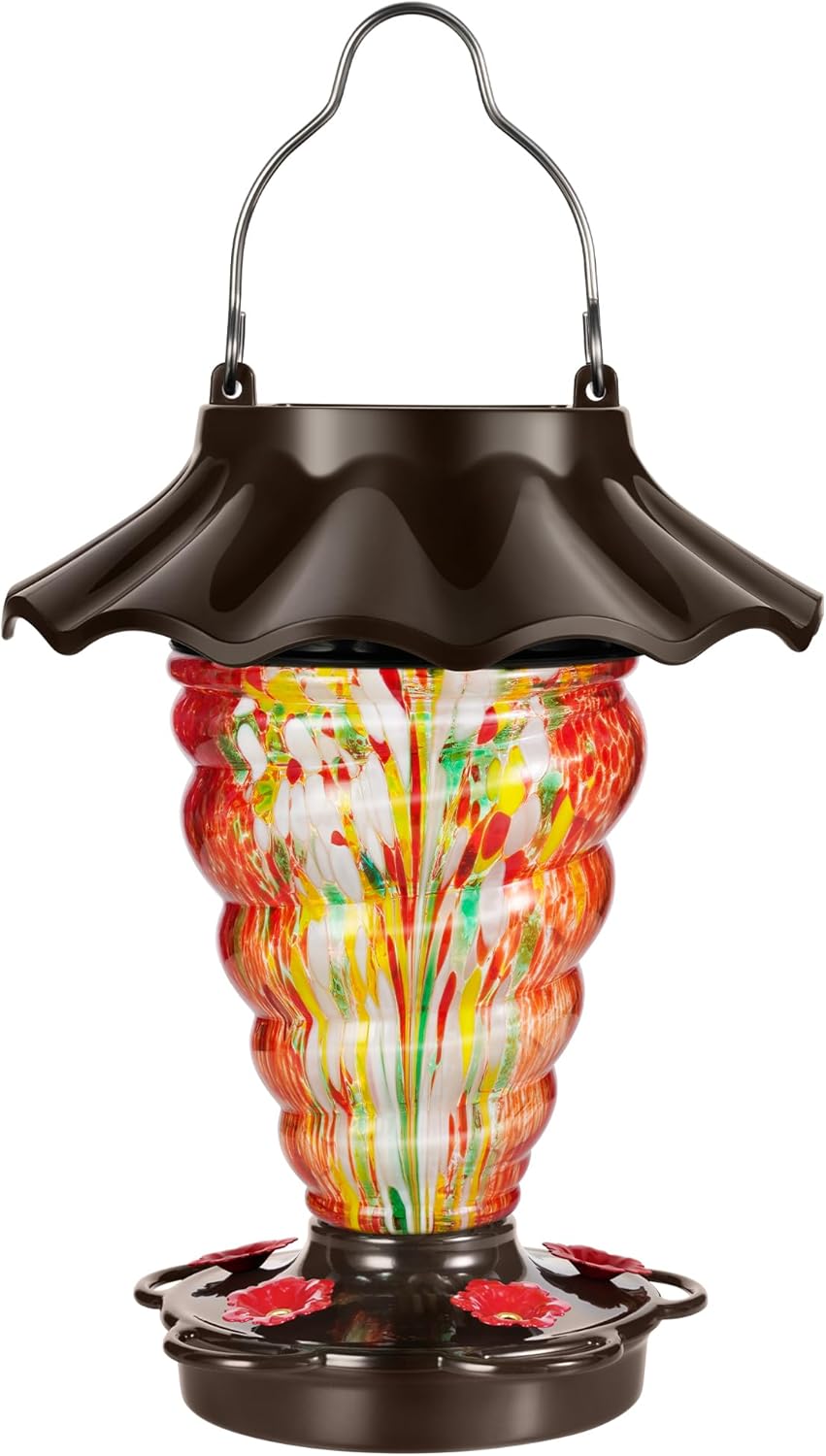 Solar Hummingbird Feeder for Outdoors Hanging, Lighted Hand Blown Glass with 9 Modes RGB Lights, 28 fl.oz, Leak Proof & Rustproof, Metal Cover with 5 Feeding Ports, Spiral Shaped, Red