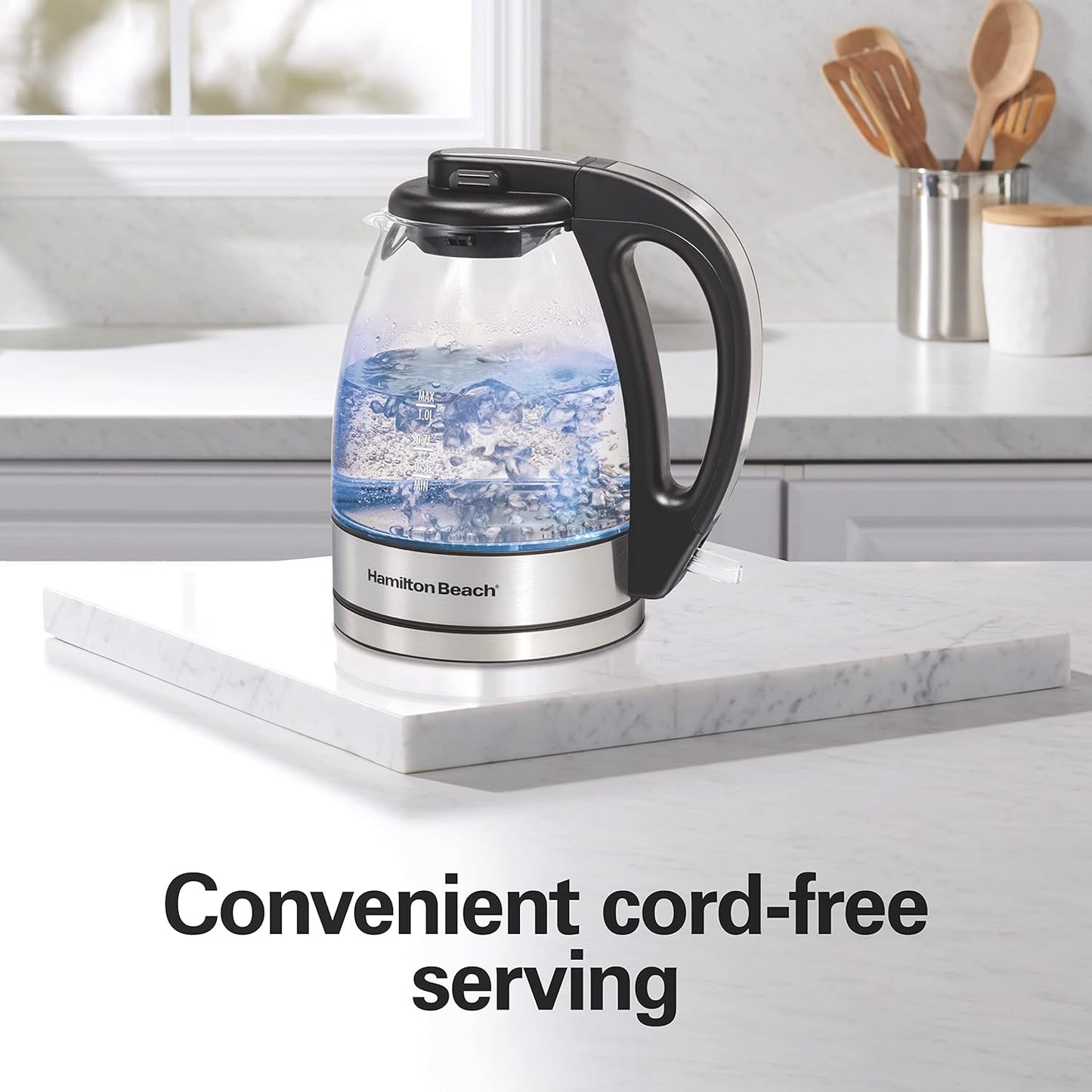 Hamilton Beach Glass Electric Tea Kettle, Water Boiler & Heater, 1 Liter, 1500 Watts for Fast Boiling, BPA Free, Cordless Serving, Auto-Shutoff & Boil-Dry Protection, Soft Blue LED (40930)
