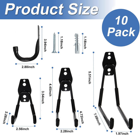 Heavy Duty Garage Hooks,10 Pack Garage Wall Mount Hooks, for Hanging Ladders, Bikes, Garden Tools, Hose, Utility Steel J Hooks with Anti-Slip Coating (Black)