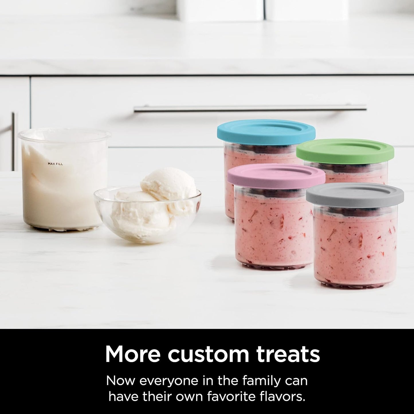 Ninja® CREAMi® Original Pints 4 Pack, Compatible with NC299AMZ & NC300s Series CREAMi® Ice Cream Makers, BPA-Free & Dishwasher Safe, Color Lids, 1 Pint Each, Clear/Grey/Lime/Pink/Aqua, XSKPLD4BCD
