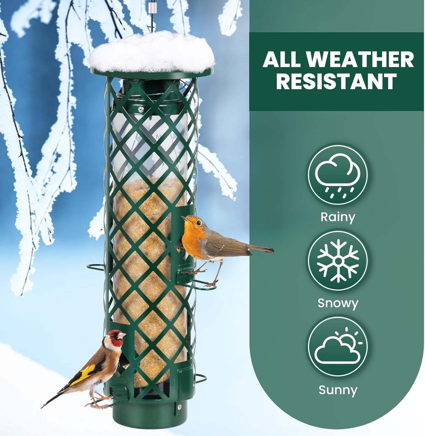 Squirrel Proof Bird Feeder for Outdoors, Weight-Activated Metal Hanging Bird Feeder, 3LB Large Capacity Wild Bird Feeder with Drainage Holes for Garden Patio Yard, Green