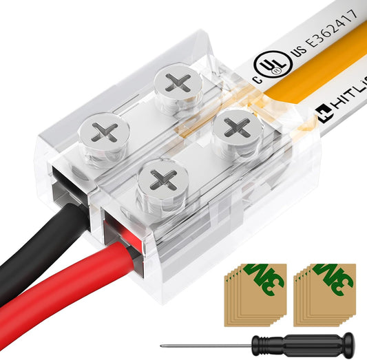 HitLights 12 Pack LED Connector 2 Pin 8mm Solderless LED Tape Lights Connector Transparent LED Strip Lights Connectors with Screwdriver Strip to Wire for 12V 24V Single Color LED Light Strips