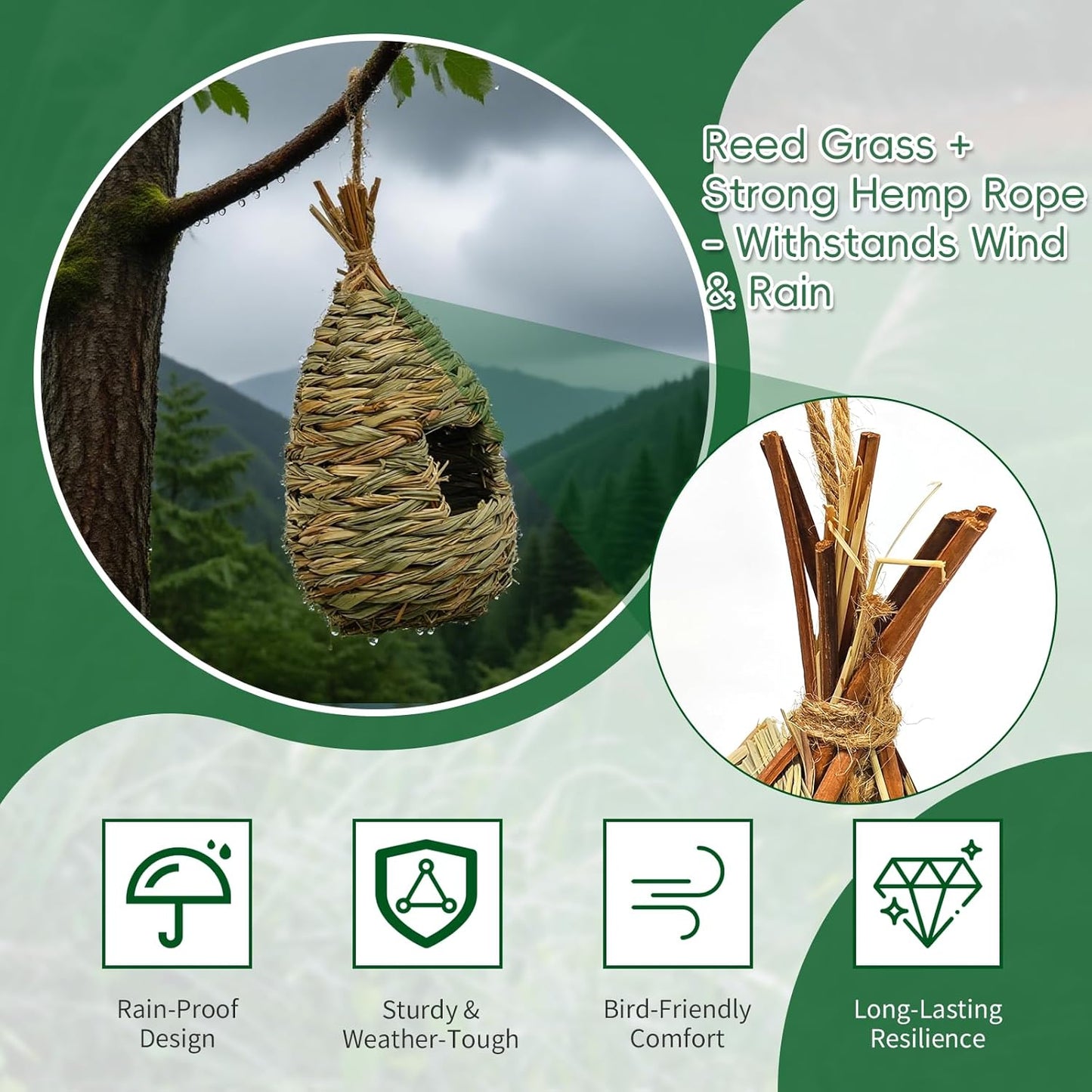 Gute Hummingbird Houses for Outside Hanging, Natural Grass Hanging Bird Hut, Hand Woven Bird Nest, Large Wren Finch Bird House for Garden Window Outdoor Home Decoration, 3 Pack