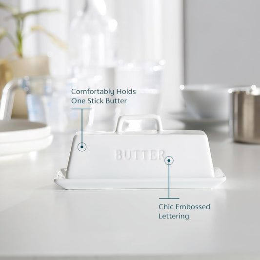 Butter Dish with Lid for Countertop, by Kook, Ceramic Dish Tray with Cover, Kitchen Keeper, Container, Holder (White)