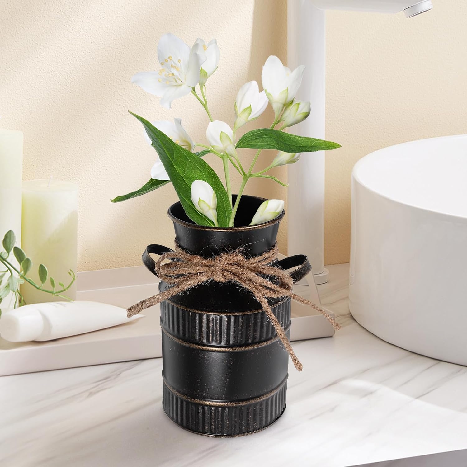 BESTOYARD Retro Iron Bucket Flower Vase Handle, Rustic Metal Milk Jug 