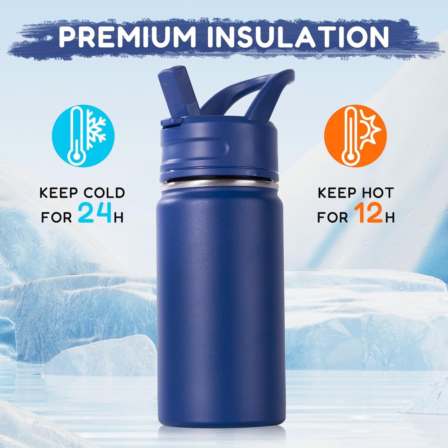 12oz Kids Water Bottle for School, Toddler Water Bottles with Straws, Insulated Water Bottles for Boys&Girls, Stainless Steel Vacuum Insulated Bottle for Kids, Leak-Proof, BPA-Free, Blue