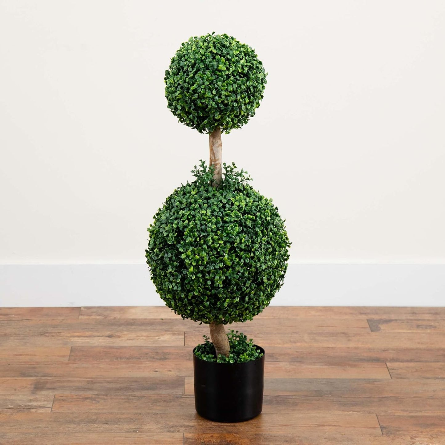 Nearly Natural 35IN Artificial Double Boxwood Topiary Ball Tree, Fake Topiary Plant for Indoor Home Décor in Black Nursery Planter