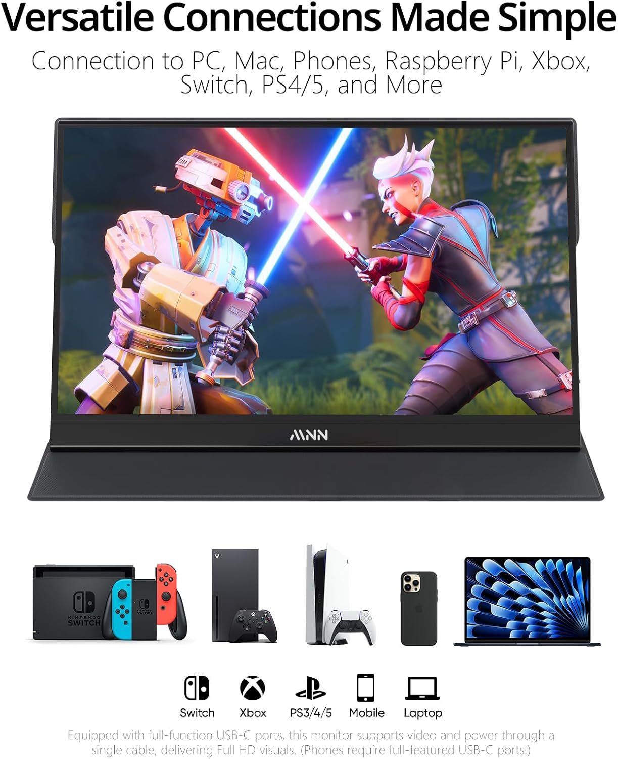 MNN Portable Monitor 15.6inch FHD 1080P USB C HDMI Gaming Ultra-Slim I