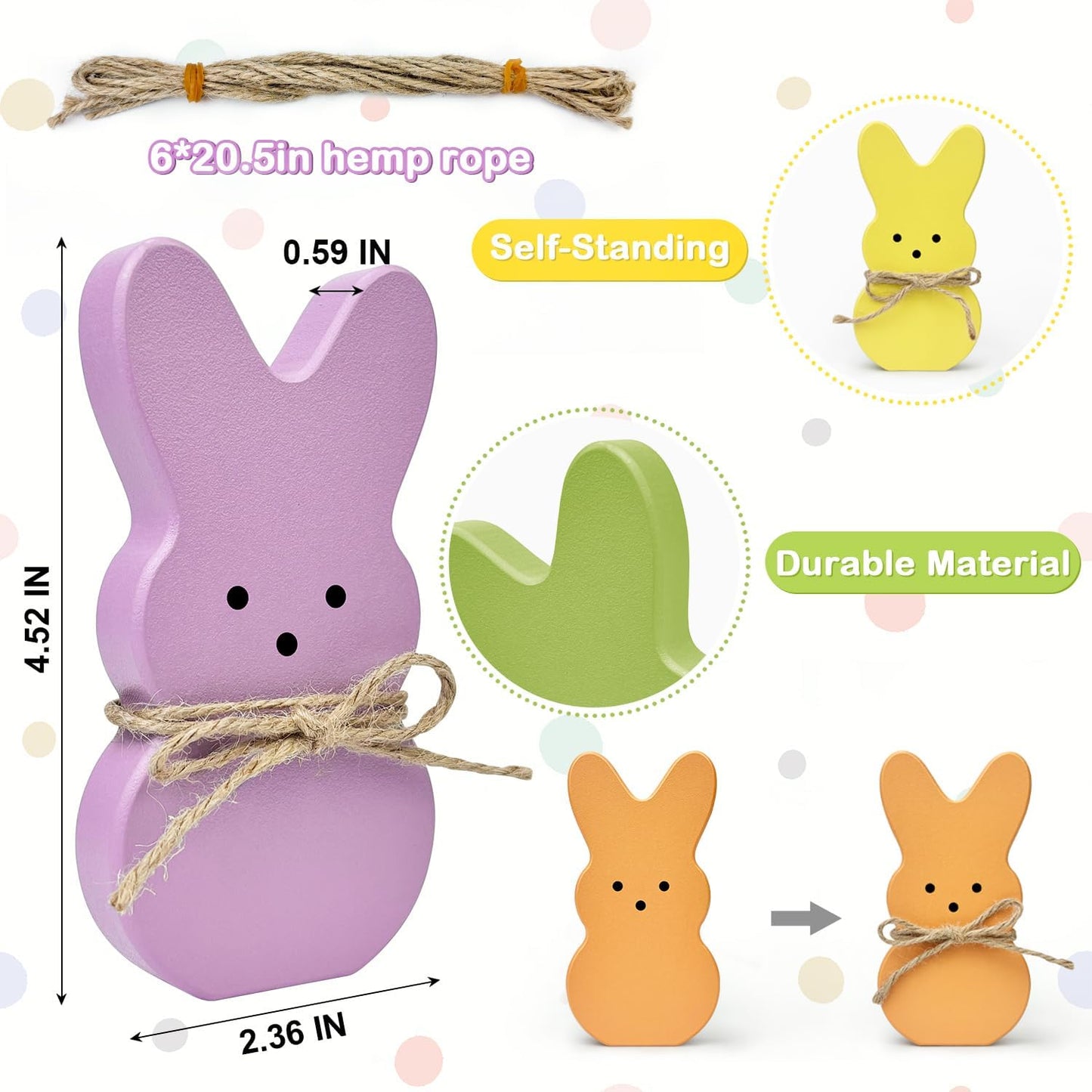 Easter Bunny Decorations for Home Table,6 PCS Spring Wooden Peeps Centerpiece Signs Decor with Hemp Rope for Indoor Office Tiered Tray,Easter Basket Stuffers Wood Gifts Stuff for Mantel Shelf Bathroom