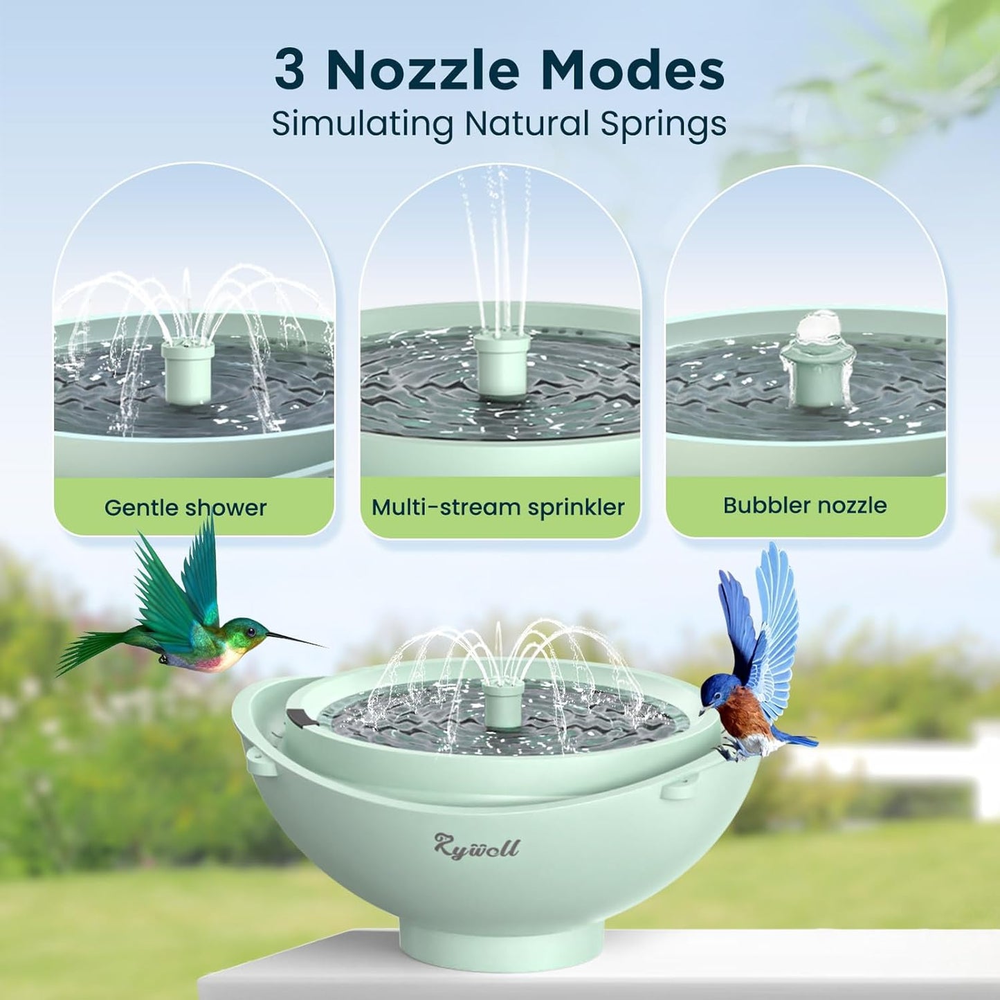 Rywell Solar Bird Bath with 3 Spray Modes, 2L Large Capacity Solar Fountain, Hanging/Standing Bird Bath with Filter & Auto Shut-Off, Quiet Pump for Garden Yard Outdoor