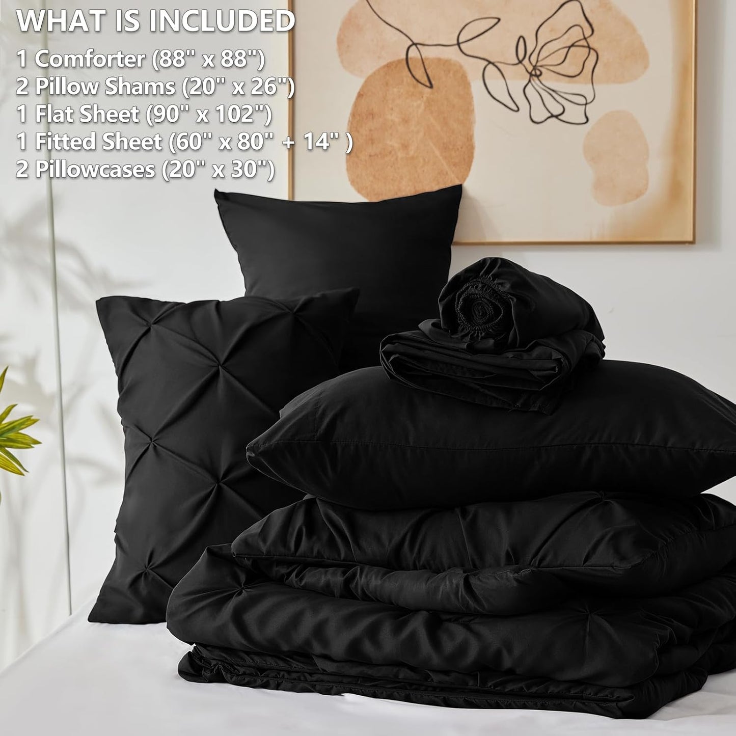 CozyLux Queen Comforter Set Black, 7 Pieces Pintuck Bed in A Bag, Premium Black Comforter Queen Size, Pinch Pleat Bedding Sets with Comforter, Sheets, Pillowcases & Shams
