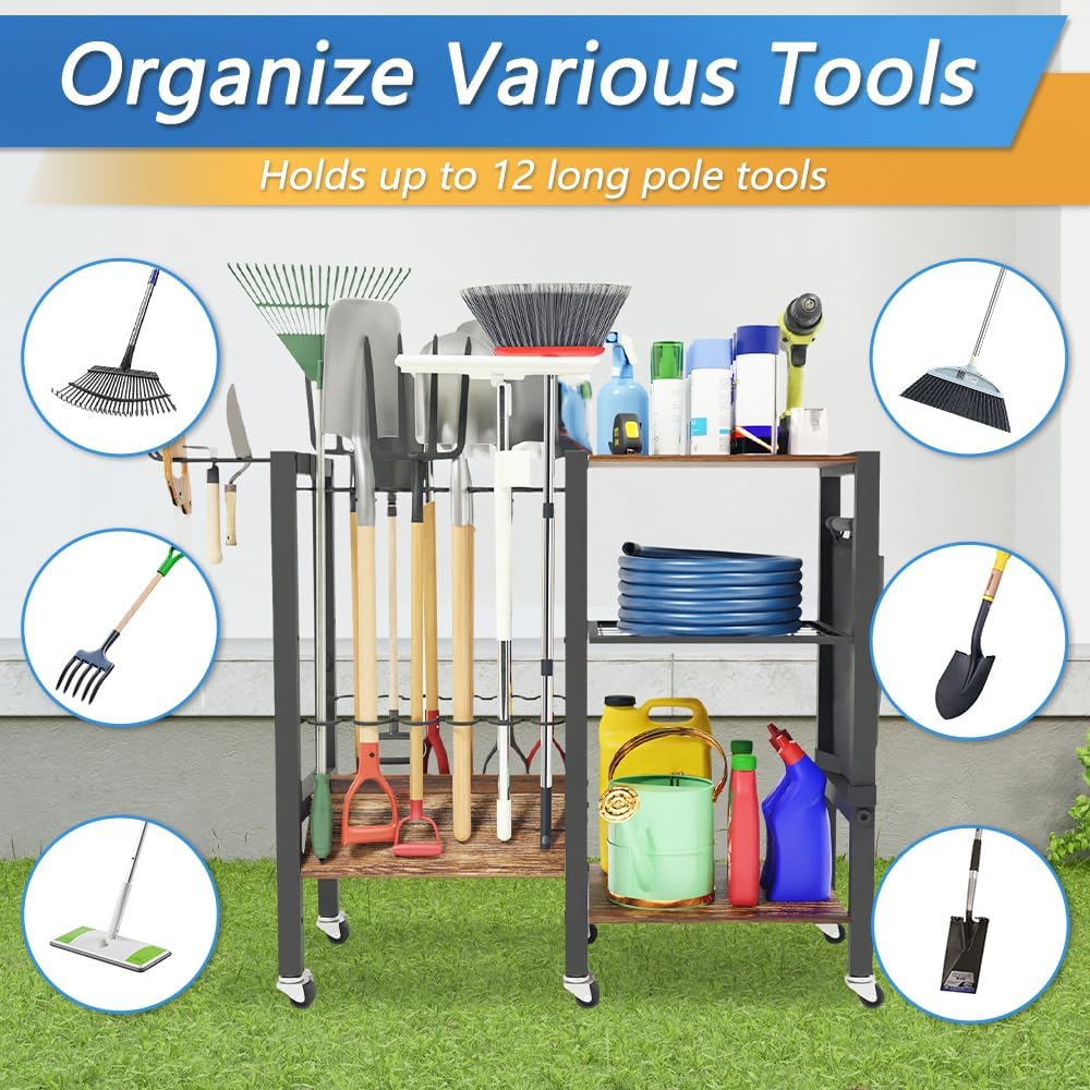 Garden Tool Organizer with Lockable Wheels, Heavy Duty Yard Tool Storage Rack for Shovels and Rakes, 3 Tier Lawn Care Utility Holder with hooks for Garage, Shed, Yard and Laundry Room