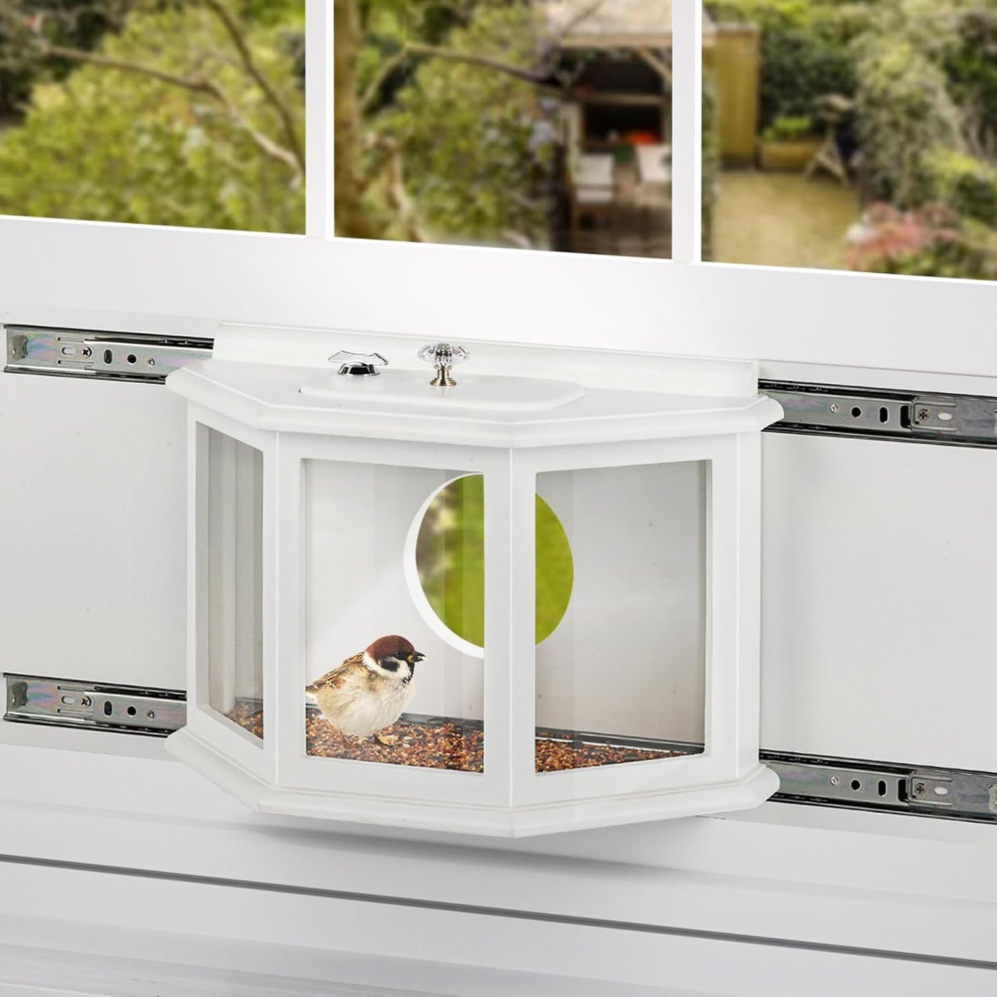 Window Bird Feeder with Secure Locker & Rail Sliding 180° Clear Design Squirrel Proof Bird Feeder for Indoor Window Viewing