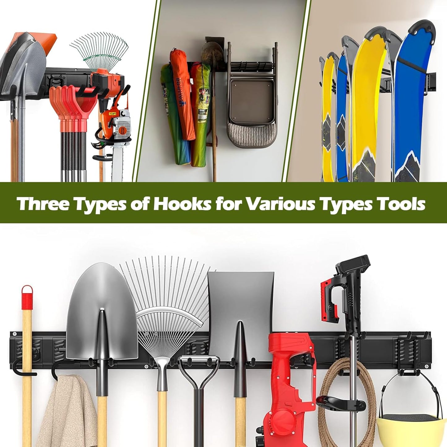 Garage Tools Storage Organizer Garden Wall Mount,48 Inches Hooks Tools Adjustable Metal Hooks,Yard Storage Rack-600lbs Capacity for Hanging Garage Tool Garden Snowboard Mop Organization