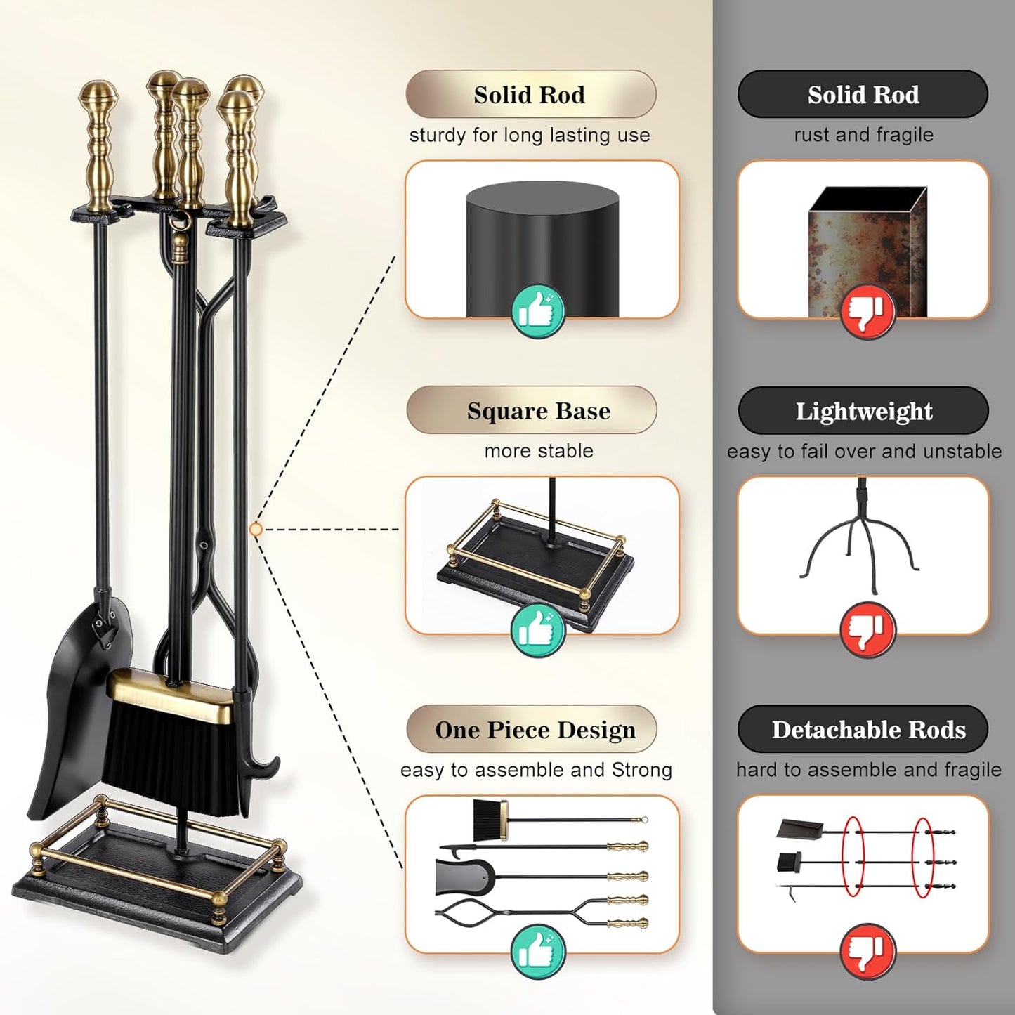 FEED GARDEN Fireplace Tools Set 5 Pieces Modern 30 Inch Outdoor Wrought Iron Fireplace Elegant Brass Handles Accessories Set with Poker, Tongs, Shovel, Brush, Base