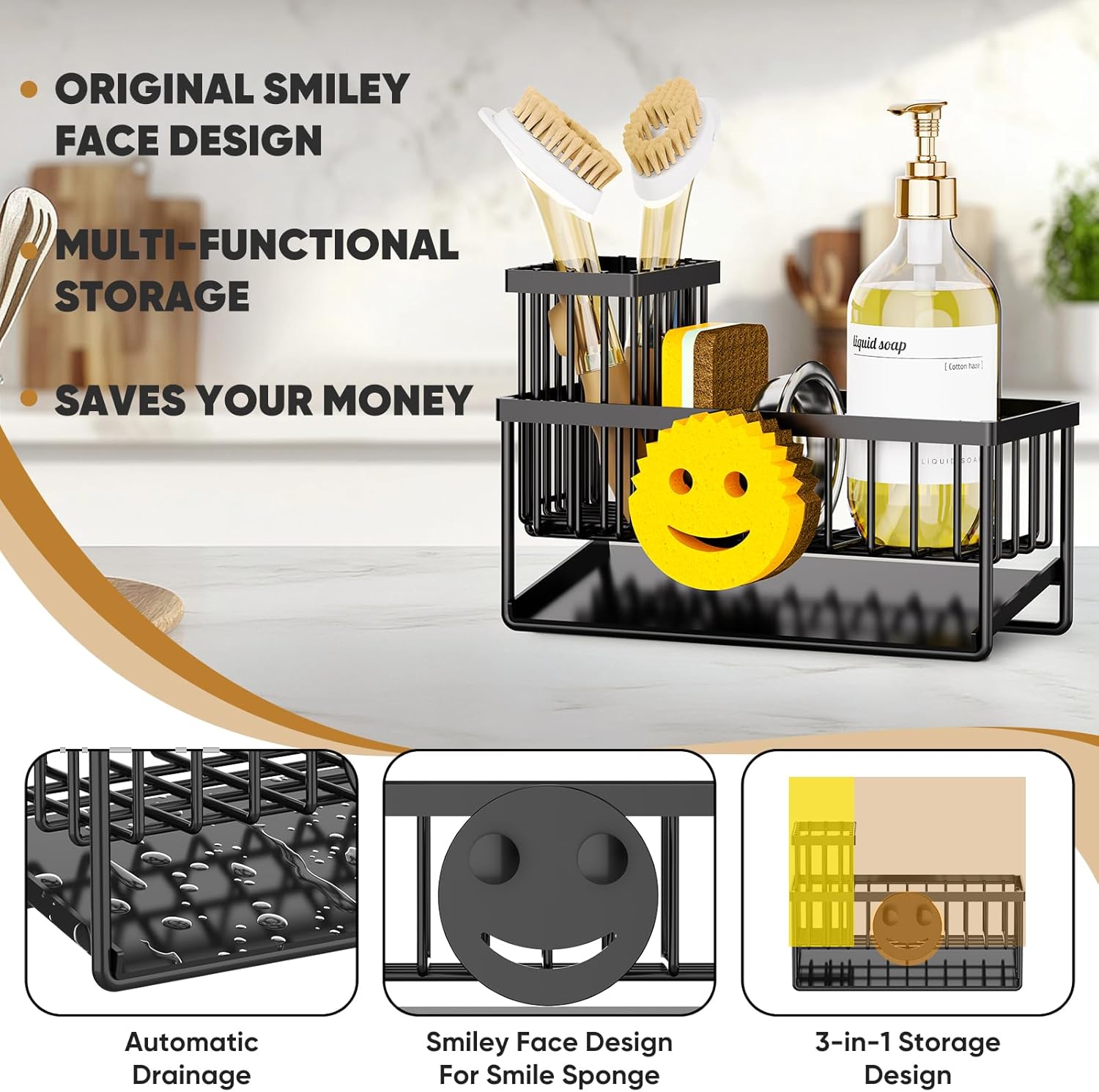 Sponge Holder for Kitchen Sink,Smiley Face Sink Caddy with Removable B