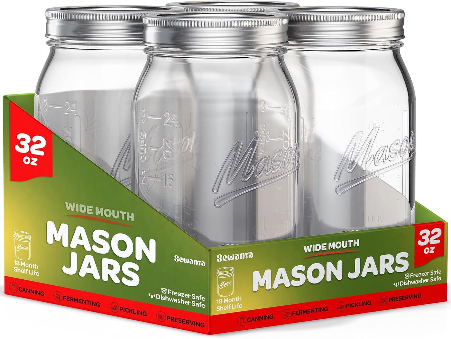 SEWANTA Wide Mouth Mason Jars 32 oz [4 Pack] With Mason Jar Lids and Bands, Mason Jars 32 oz - For Canning, Fermenting, Pickling - Jar Decor - Microwave/Dishwasher Safe.