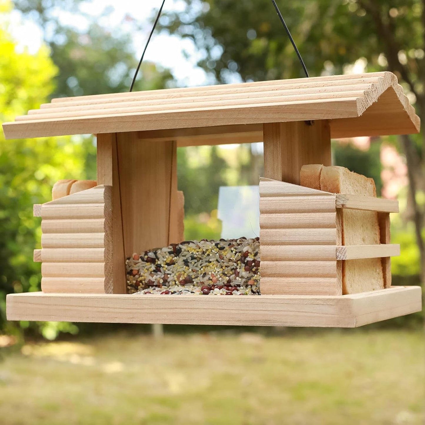 Double Suet Cake Bird Feeder, Wooden Hanging Platform with Windows, Outdoor Wild Bird Mealworm Feeder