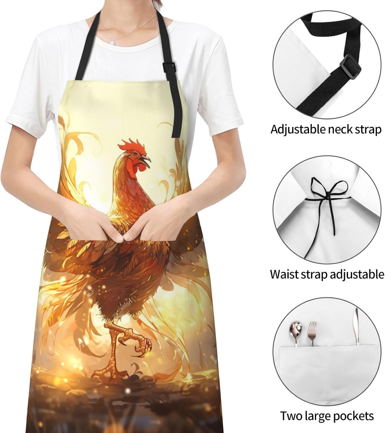 Shine Rooster print Waterproof apron with pocket adjustable cooking ap