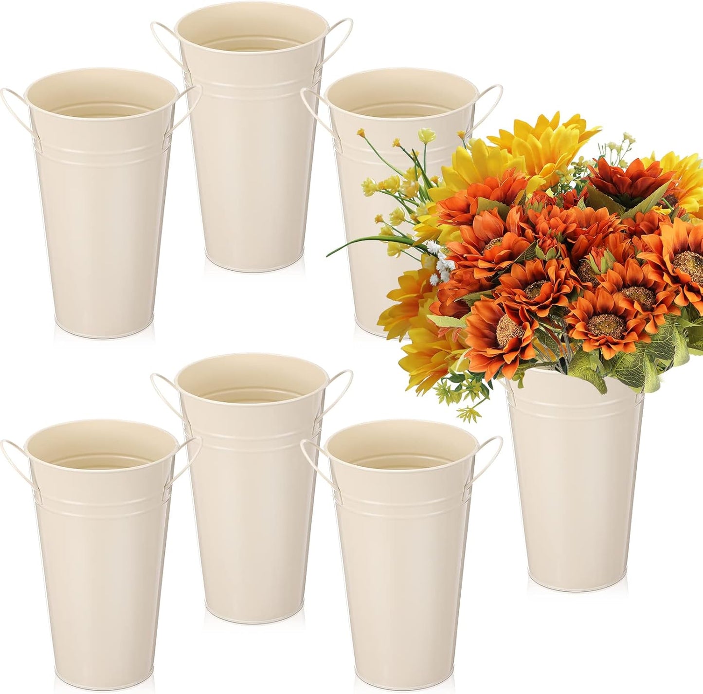 Chumia 6 Pcs Buckets Bulk Cut Flower Bar Supplies Wedding Party Centerpiece Galvanized Vase Metal Bloom Bridal Bouquet Pail with Handle French Farmhouse Rustic Floral Arrangement(White,9.8 Inch)