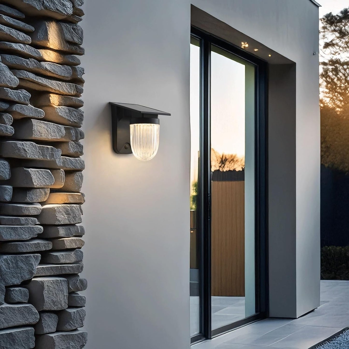 Solar Wall Light, Outdoor Wall Sconce, Wall Lamp, IP65 Black ABS PC with Ribbed Shade, Rechargeable 3 Color LED for Garden Porch Deck Fence Villa Backyard Entryway Gate Home Cottage