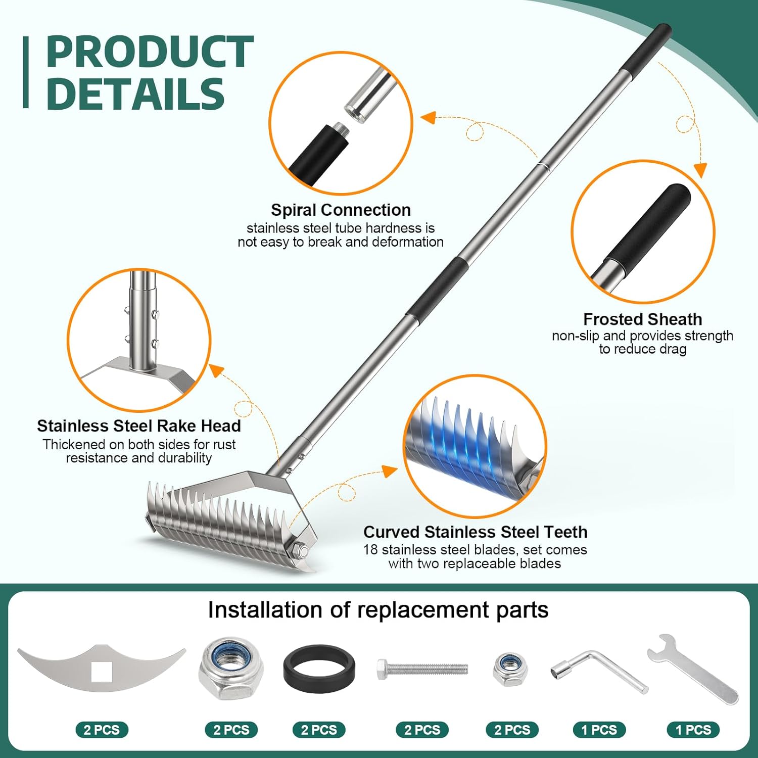 Dethatching Rake, 15.6" Thatch Rake for Lawns, Heavy-Duty Stainless St