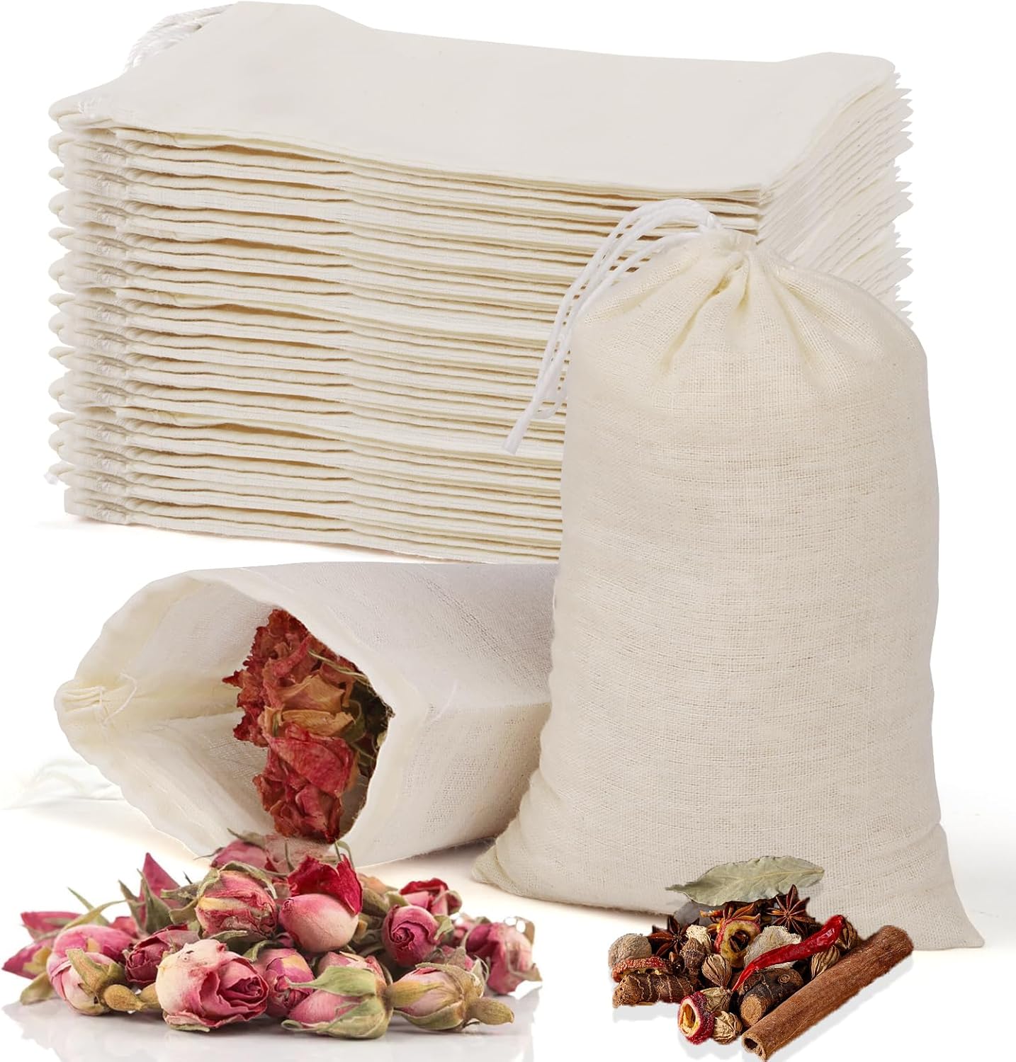 60 Pcs Empty Spice Bags for Cooking Soup, 3x4 In Natural Muslin Drawstring Bag, Reusable Tea Bags for Loose Tea, Small Cheese Cloth Cotton Bag for Straining, Unbleached Cheesecloth Herb Sachet Bag