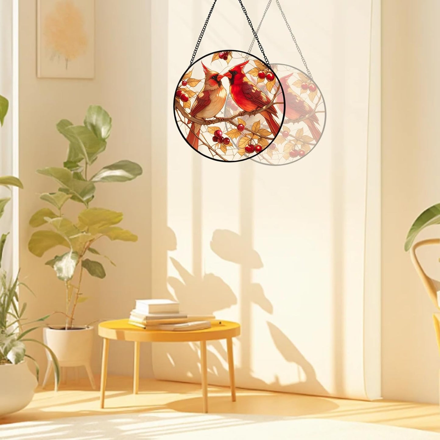 Stained Glass Style Cardinal Suncatcher, 7.87 Inch (20cm) Round Real Glass Window Hanging with Gift Box and Chain, Bird Decor Gift
