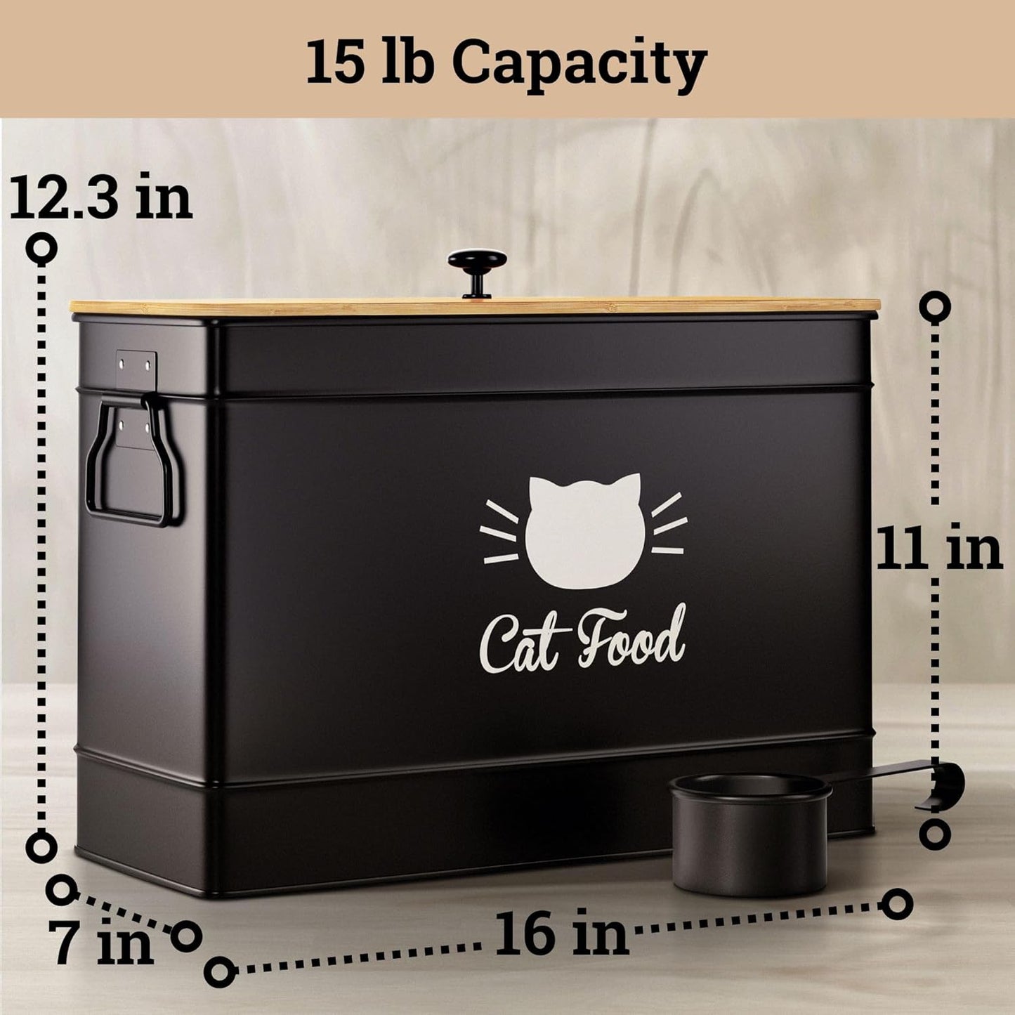 Cat Food Storage Container with Scoop - 15 lb (50 Cup) Capacity Metal 