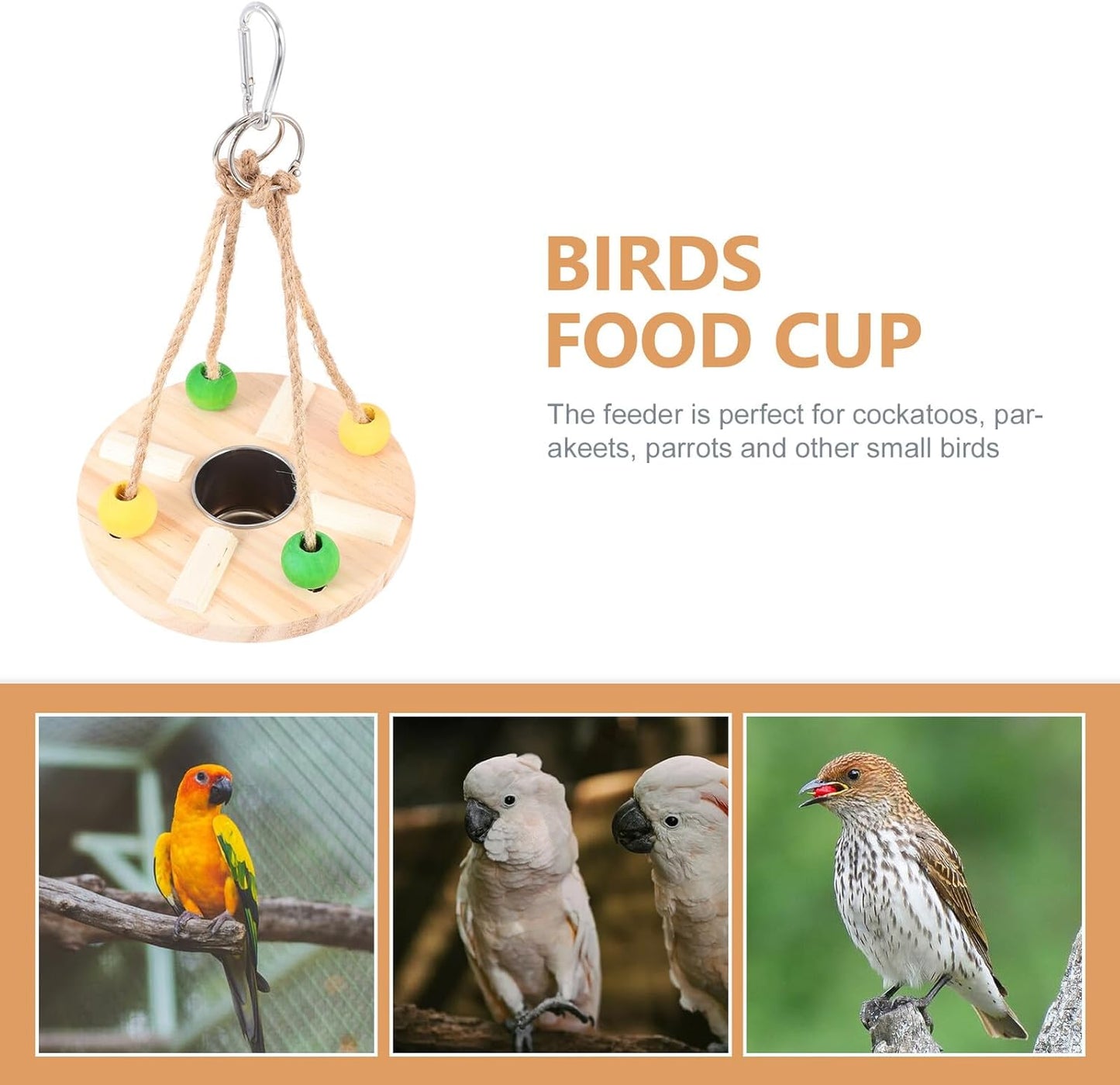 Wooden Hanging Bird Feeder Swing with Feeding Cup for Parrots Outdoor Wild Bird Feeding Container