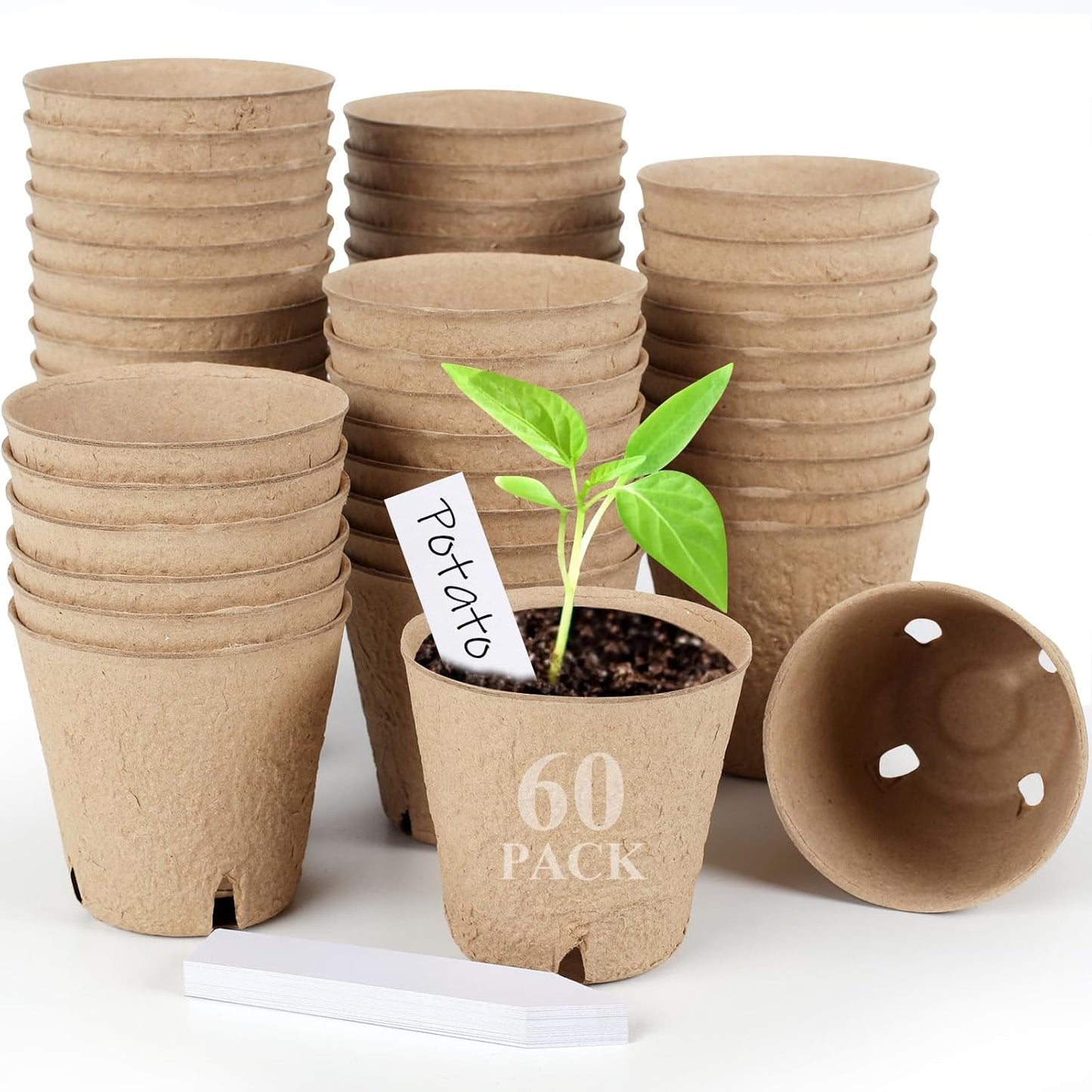 60-Pack 4” Biodegradable Peat Pots with 60 Plant Labels - Eco-Friendly