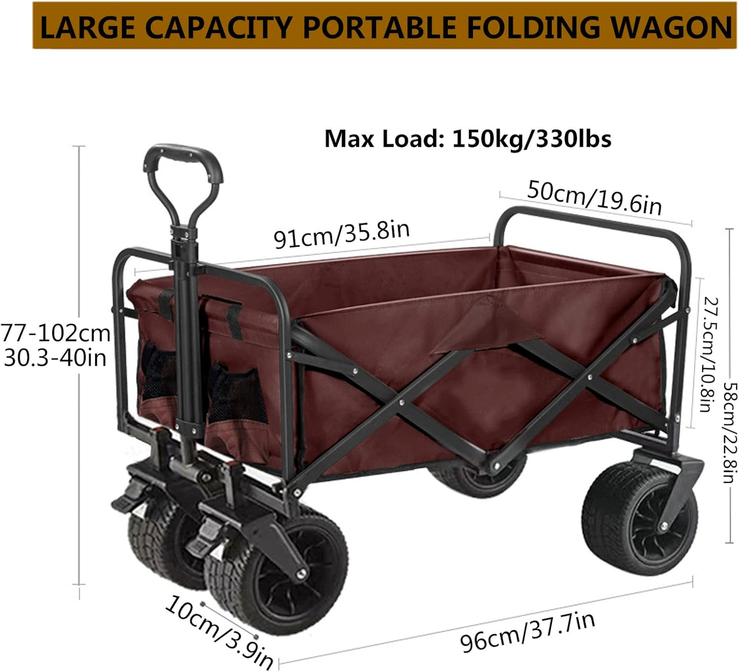 Heavy Duty Collapsible Folding Wagon - All-Terrain Utility Cart for Outdoor, Beach, Gardening, Camping & Shopping - Large Capacity with Wide Wheels, Black